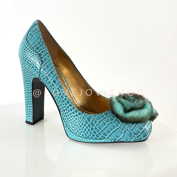 Maximalist | Hale Bob Turquoise Platforms | Croc Embossed Block Heel Fur - Picture 1 of 15